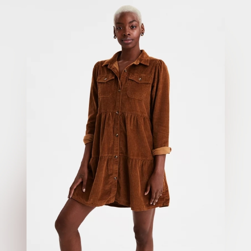 American Eagle Brown Corduroy Button Down Shirt Dress